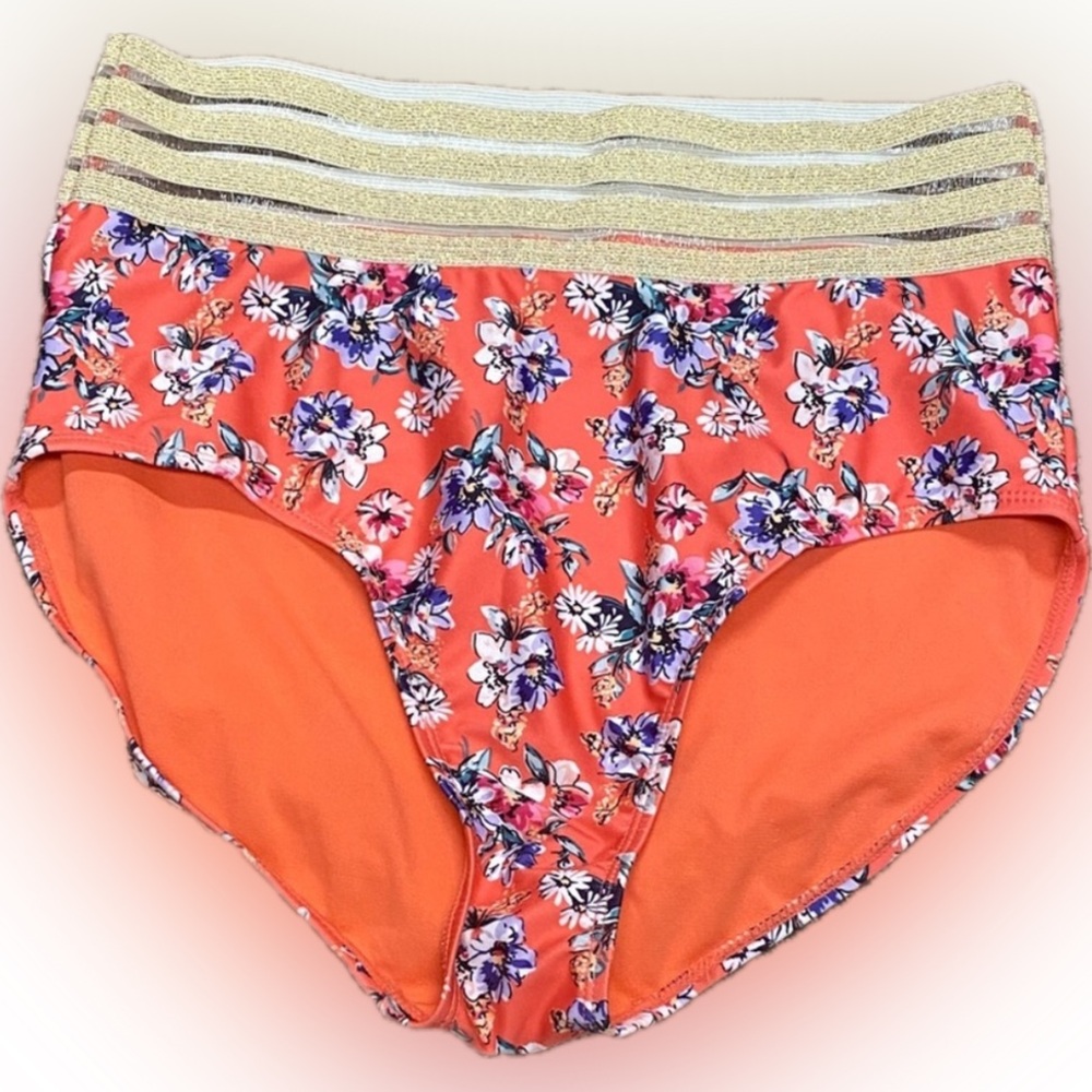 NWT Nicole Miller Coral and Gold Floral Bikini Bottoms